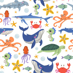 Fototapeta premium Cute sea animals seamless pattern with whale, shark, turtle, octopus and starfish. Ocean life background for kids fabric and wallpaper. Vector illustration