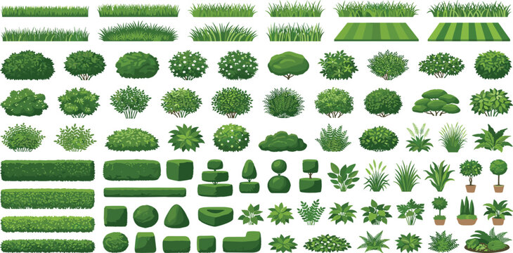 Large vector collection of garden plants featuring green bushes shrubs hedges grass and topiary elements.
