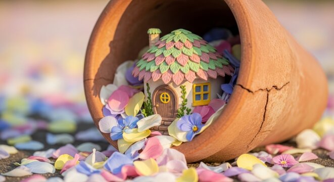 Casa em miniatura aninhada em vaso de barro rodeada por p&eacute;talas coloridas.