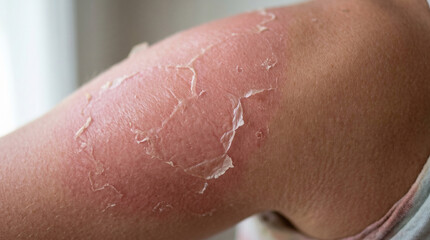 Fototapeta premium Close-up of peeling skin on shoulder after sun exposure concept of Summer skincare 