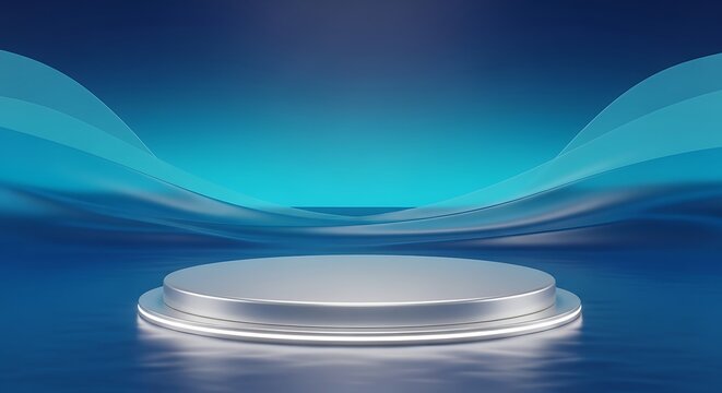 A gleaming, circular platform arises from rippling aquatic surfaces, set against a vibrant azure backdrop with flowing, luminous wave forms, suggesting prestige and a premier presentation space