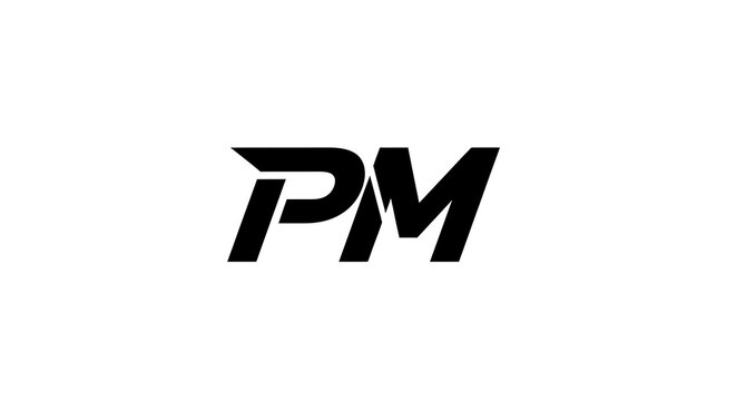 Black serif typography initials pm on white background, letters