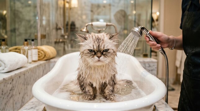 Groomer washing wet cat in bathtub. Professional pet care service with shower head. Domestic animal grooming, hygiene and cleanliness concept. Cute kitten having bath in domestic bathroom.