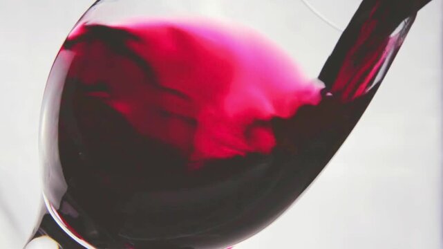 Pouring dark red wine into a wineglass against a white background, 4K.

