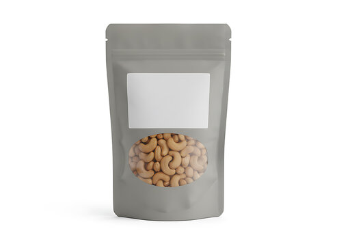 Food packaging mockup with cashews and customizable blank label