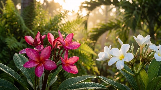 Lush tropical garden is filled with vibrant magenta and pure white Plumeria flowers covered in morning dew drops during the golden hour.