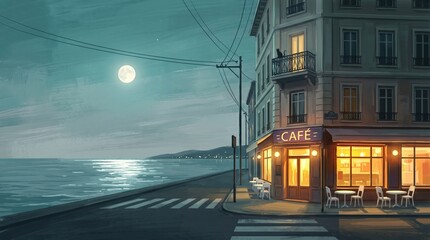 Obraz premium Cafe exterior building on a coastal promenade at night with warm indoor lighting and a full moon reflected on the ocean for dining or travel background usage.