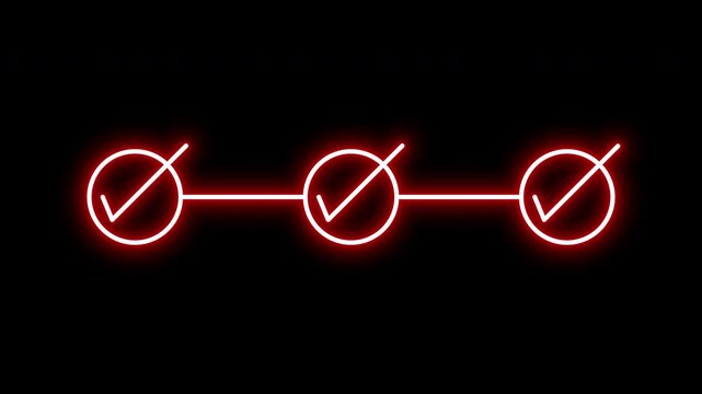 3 checkmark sign icon animation. 3 step infographic process with red glow check mark animation