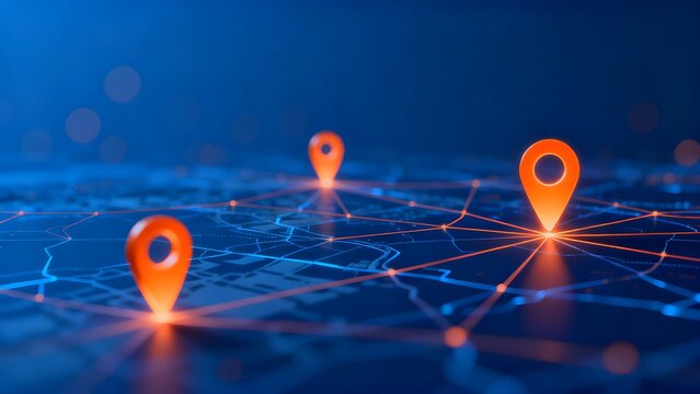 Digital map with location pins and network connections