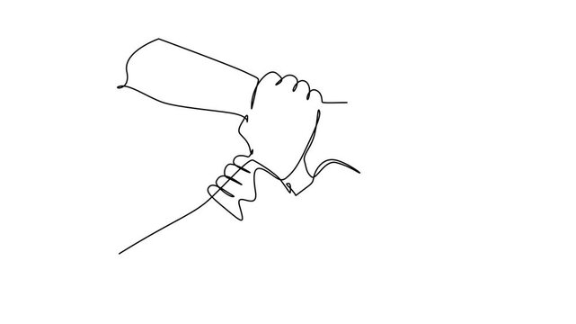Animated self drawing of one continuous line draw group of young male and female business people unite hands together to form five star shape, Teamwork unite 4k animation video