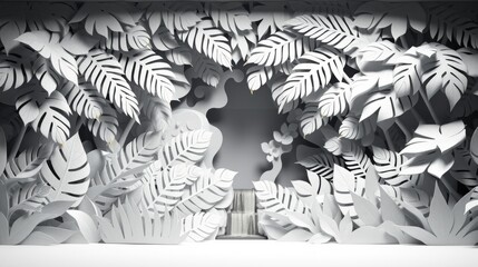 Fototapeta premium Paper foliage creates tunnel effect. Dramatic lighting highlights textures, shapes. Minimalist design, monochromatic palette. Abstract botanical scene.