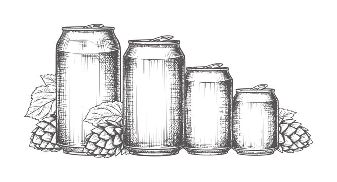 Four aluminum beverage cans of varying sizes with hop cones and leaves drink