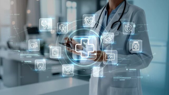 Doctor using tablet with medical icon connected to heart, dental and protection symbols, illustrating digital healthcare technology and patient care in modern hospital