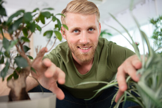 young man taking care of the aromatic plants