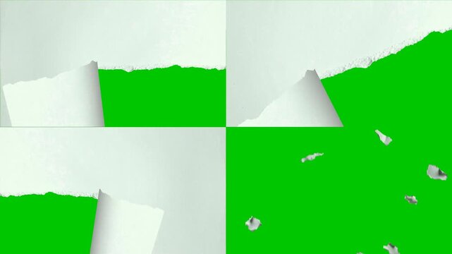 White paper tearing open with ripped fragments falling over a bright green screen background, perfect for motion graphics, compositing, transition effects, overlays, and creative visual editing.