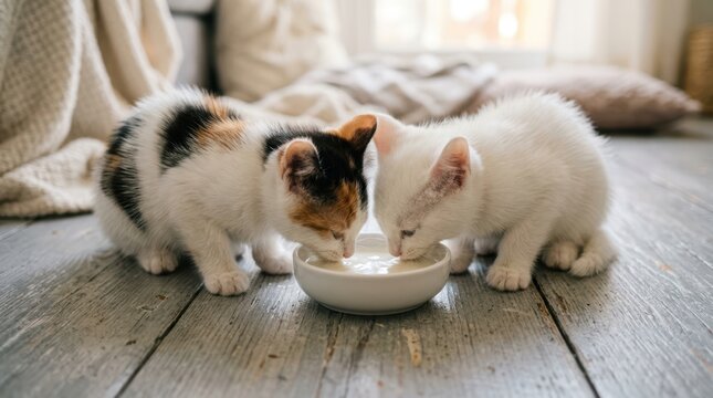 Two adorable kittens, one calico and one white, drinking milk from a small white bowl on a rustic wooden floor in a cozy home setting