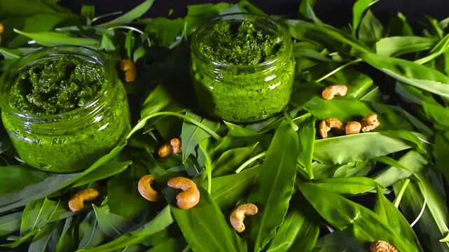 Jars of Homemade Wild Garlic Pesto With Cashews