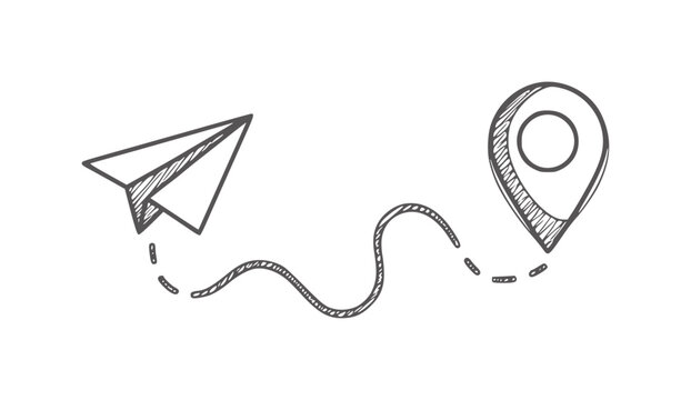 Hand drawn paper airplane flying along dotted line to map pin flight travel journey