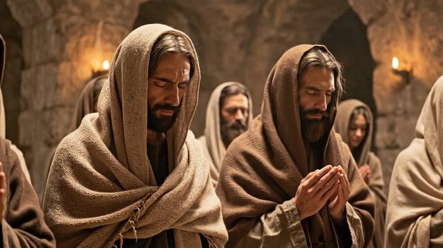 Ancient Galileans Praying in a Dimly Lit Stone Room in Jerusalem