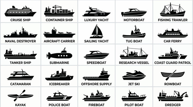 Vector set of diverse black silhouette ship and boat icons with names on white background, illustrating water transportation concepts and marine related services