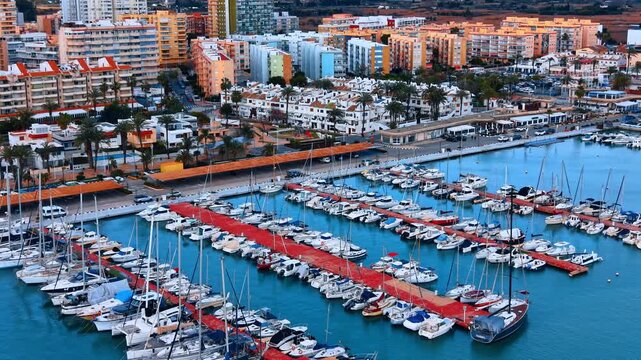 Top down drone shot of yacht club and docks. Aerial view of white motorboats and sailboats arranged in rows at a vibrant coastal marina.