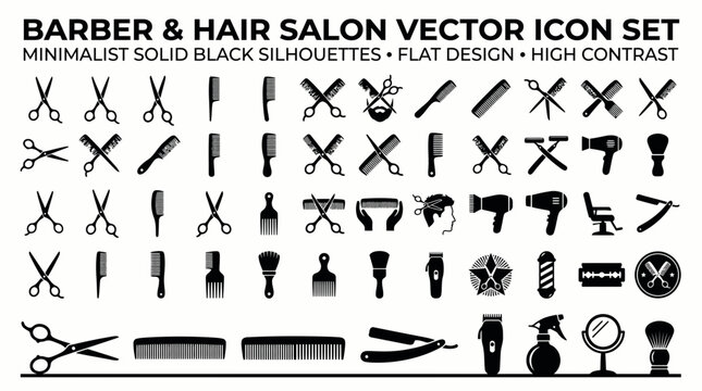 Full set of minimalist black silhouette icons for barber and hair salon tools and equipment on white, Representing professional grooming and illustrating modern salon branding