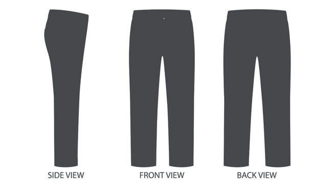 Flat vector illustration of dark grey trousers displayed in front, back and side views, illustrating fashion design templates and garment manufacturing specifications