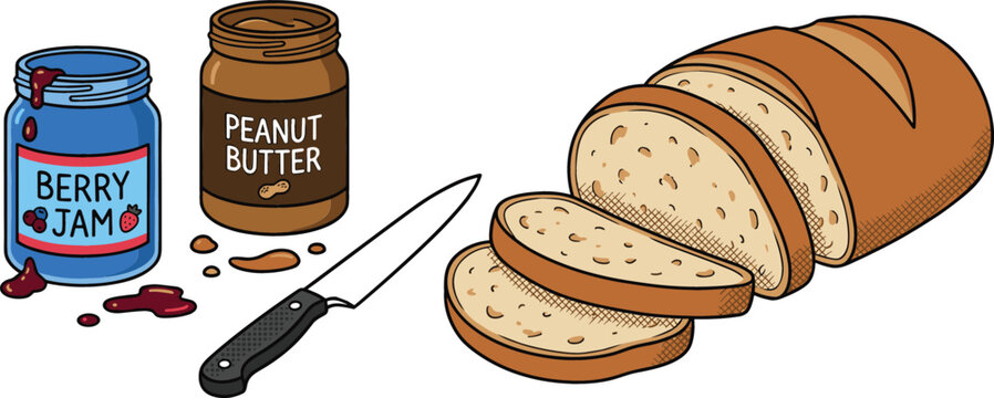 Peanut Butter and Berry Jam with Sliced Bread Icon Set for Breakfast, Cooking, and Culinary Design Projects.