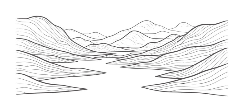 Stylized black and white landscape with winding river and rolling hills mountains