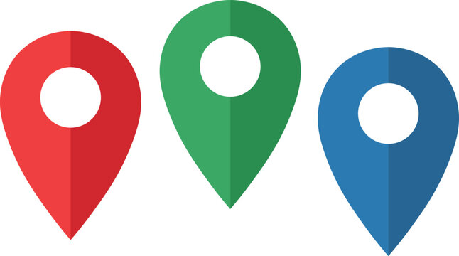 Three flat map pin in red, green, and blue on white background, location marker navigation, gps symbol