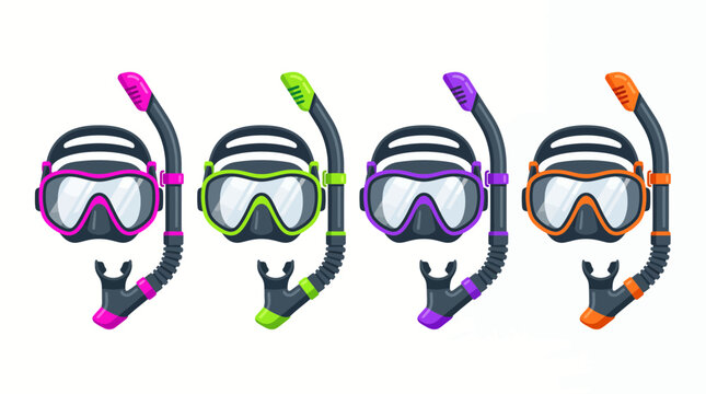 Four colorful cartoon-style scuba diving masks and snorkels in vibrant pink, green, purple and orange, isolated on a white background, symbolizing adventurous water sports and serene beach vacations