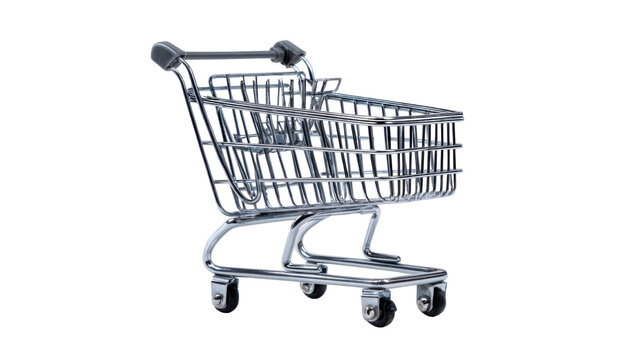 Mini shopping cart trolley isolated, retail and ecommerce concept representing online shopping, consumer behavior, sales, marketing and symbol for business design on White background