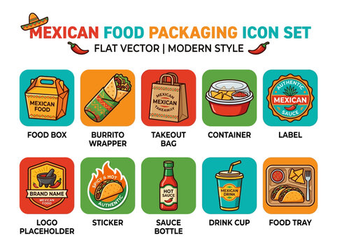 Collection of modern flat vector icons representing various Mexican food packaging and items like burritos, tacos, and drinks