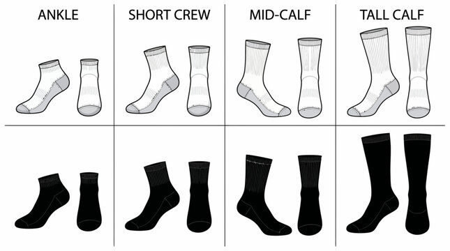 Vector illustration of white and black socks in ankle, short crew, mid-calf and tall calf lengths, illustrating fashion design references and apparel product development