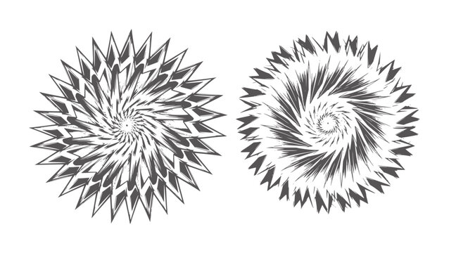 Two dark grey abstract starburst spiral patterns white