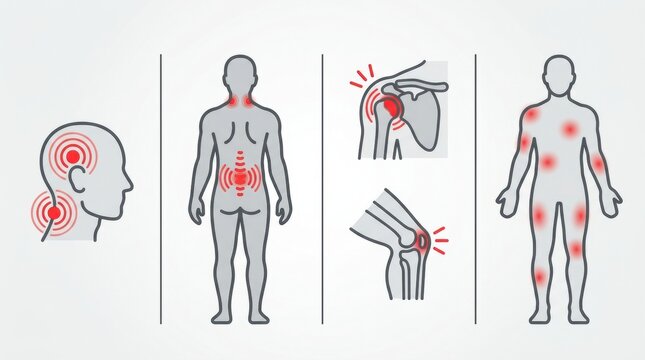 Human body pain diagram showing common areas of discomfort and inflammation
