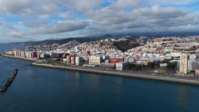 Golden Hour Flyover of Historic Vegueta and Triana; Colonial Architecture and Port of Las Palmas, Gran Canaria