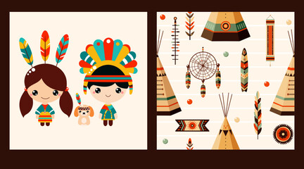 Vector set of seamless pattern and one print with American Indian tribal ornament. Endless texture can be used for pattern fills, t-shirt print, web page background, fabric design, scrapbooking paper © frenta