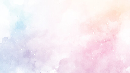 Obraz premium Colorful watercolor background of abstract sunset sky with puffy clouds in bright rainbow colors of pink blue yellow orange and purple