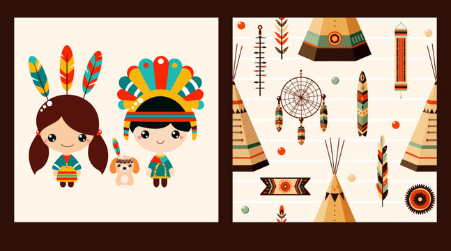 Vector set of seamless pattern and one print with American Indian tribal ornament. Endless texture can be used for pattern fills, t-shirt print, web page background, fabric design, scrapbooking paper
