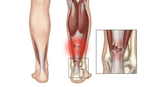 Illustration of a torn Achilles tendon with inflammation and muscle damage