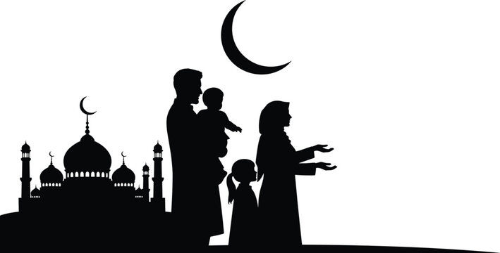 Muslim Family Praying Silhouette with Mosque at Night.