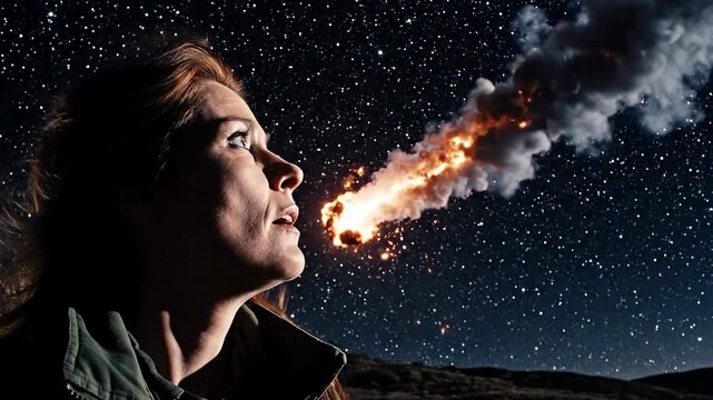 A woman gazes up at a starry night sky with a fiery explosion