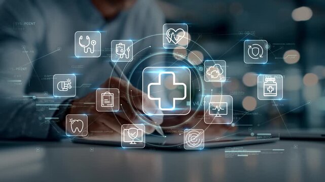 Doctor interacting with tablet as medical, heart and dental icons appear, illustrating healthcare analytics, digital medicine and smart hospital technology