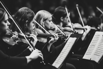 Fototapeta premium Symphonic String Excellence in a Grand Concert Hall, Musicians Creating Timeless Melodies Together