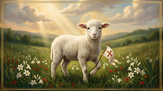 Lamb of god agnus dei holding a cross banner in a field of lilies