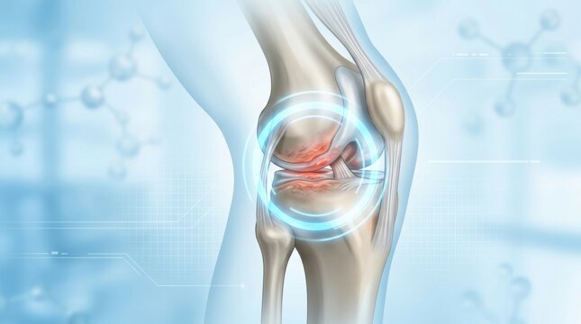 Detailed anatomical illustration of a human knee joint with inflammation and digital overlays