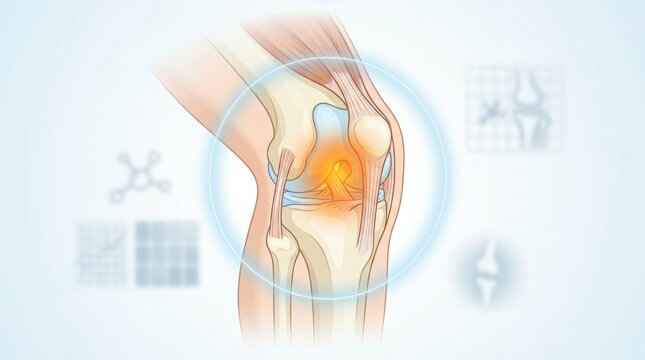 Anatomical illustration of a painful knee joint with highlighted inflammation and ligaments