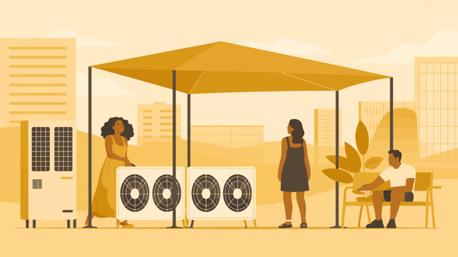 Two women relaxing under outdoor canopy with large fans and potted plants