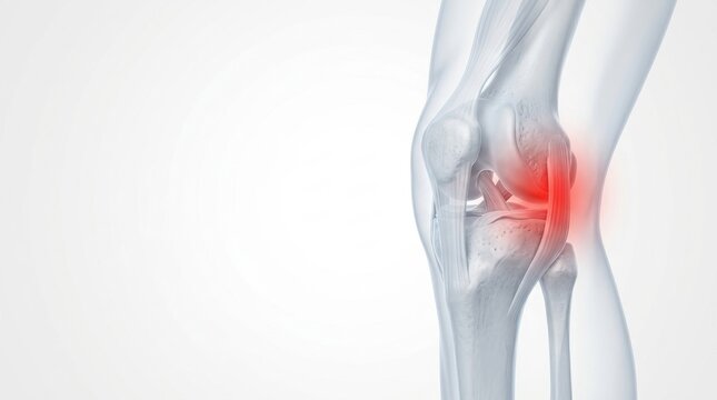 Anatomical illustration of a painful knee joint with highlighted inflammation and ligaments